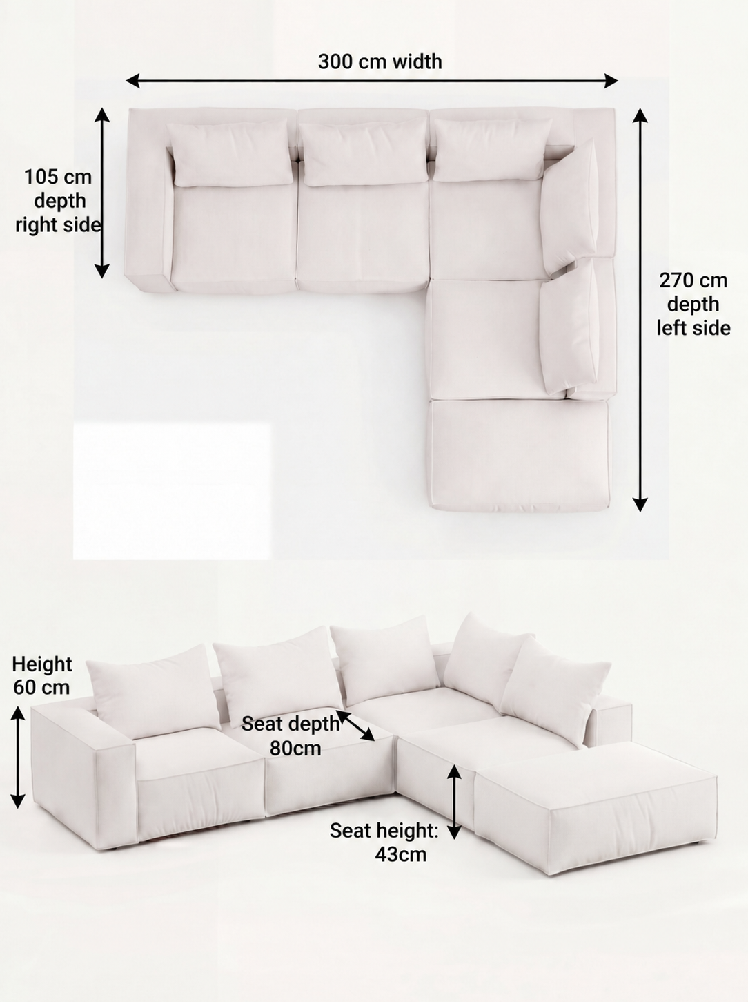Apollo Anthracite (Textured Weave) / W 300 × D 270 × H 60 cm · Seat H 42 cm corner right