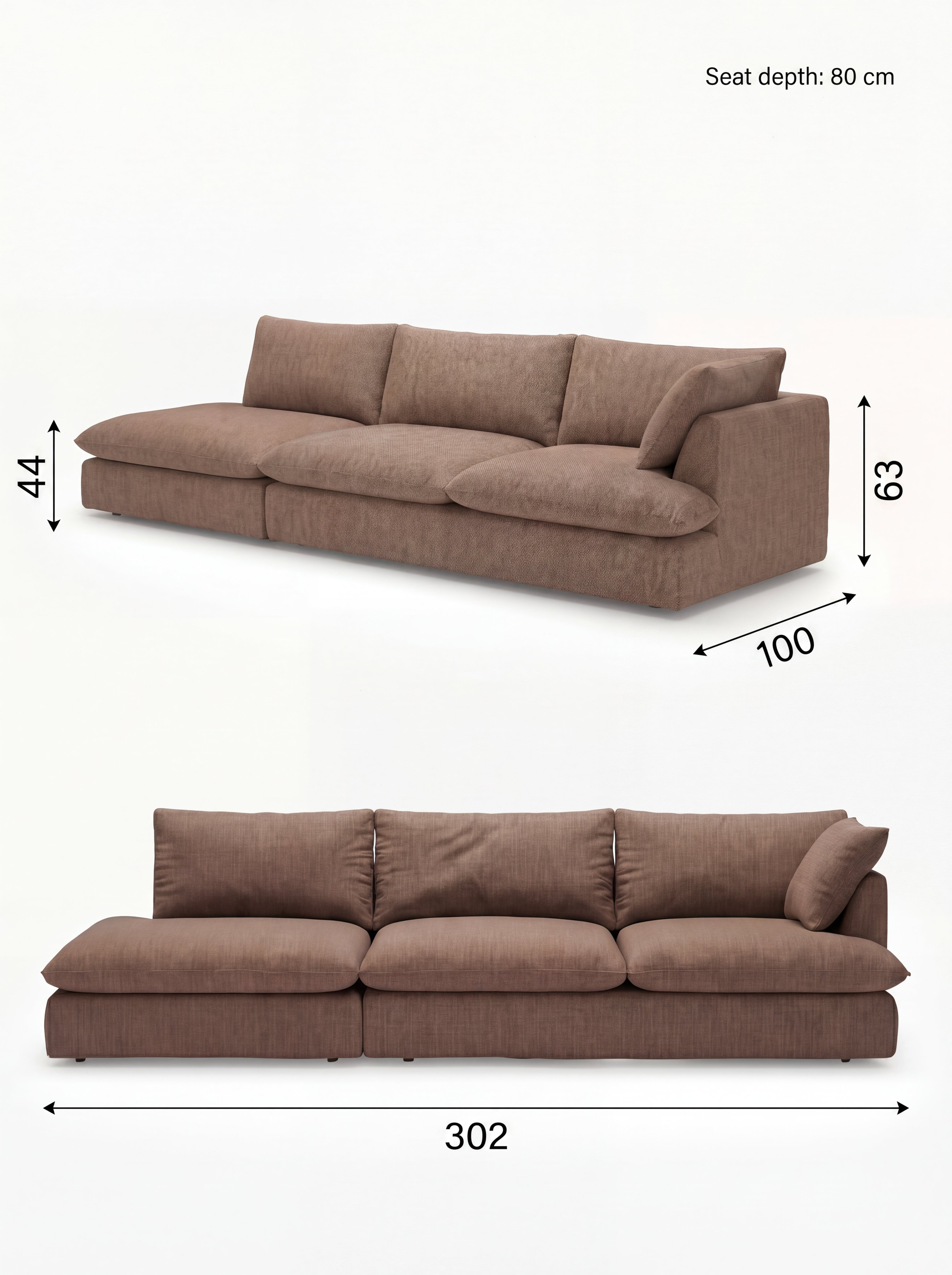 Apollo Anthracite (Textured Weave) / W 305 × D 100 × H 62 cm · Seat H 42 cm corner right