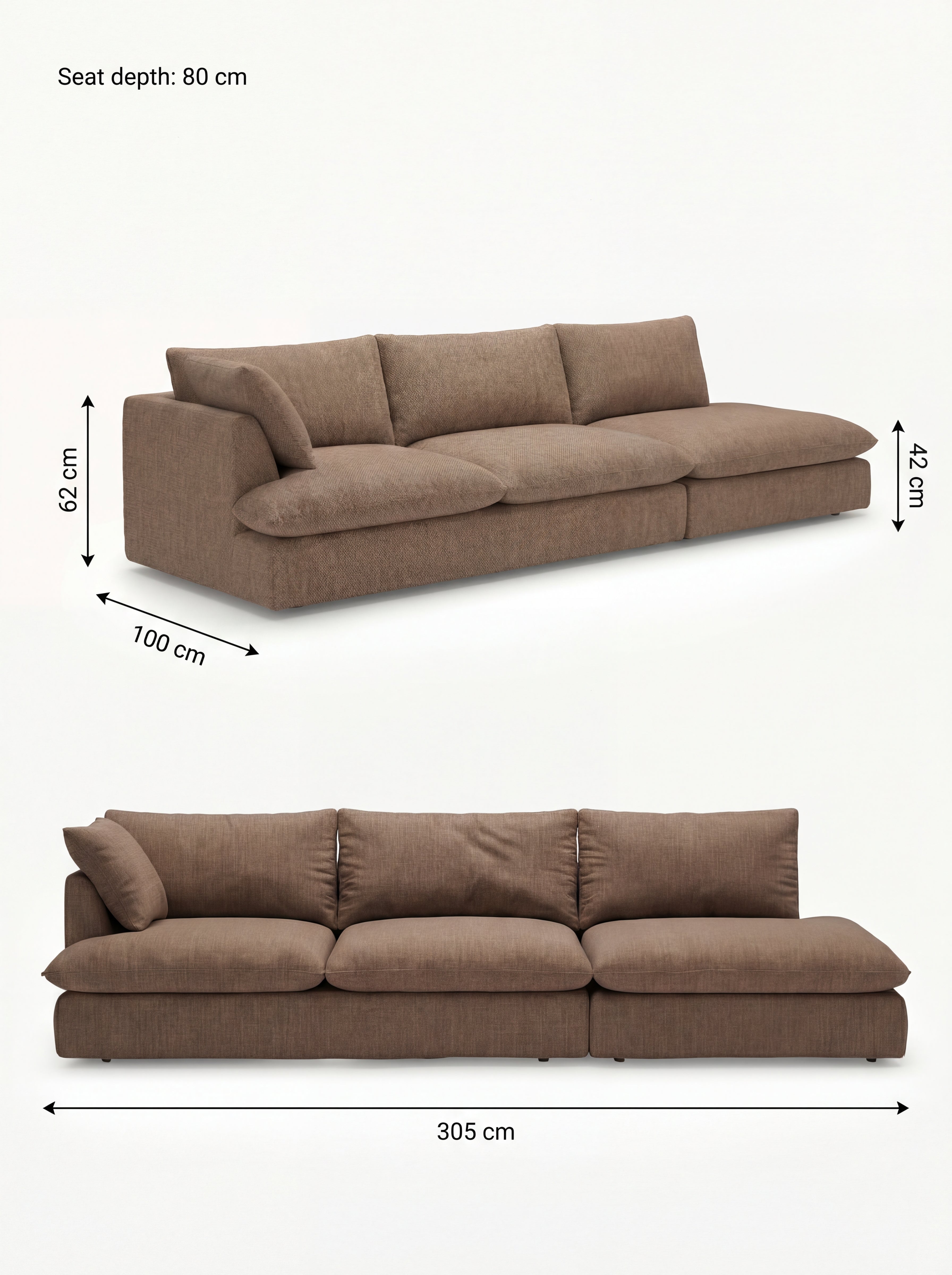Apollo Anthracite (Textured Weave) / W 305 × D 100 × H 62 cm · Seat H 42 cm corner left