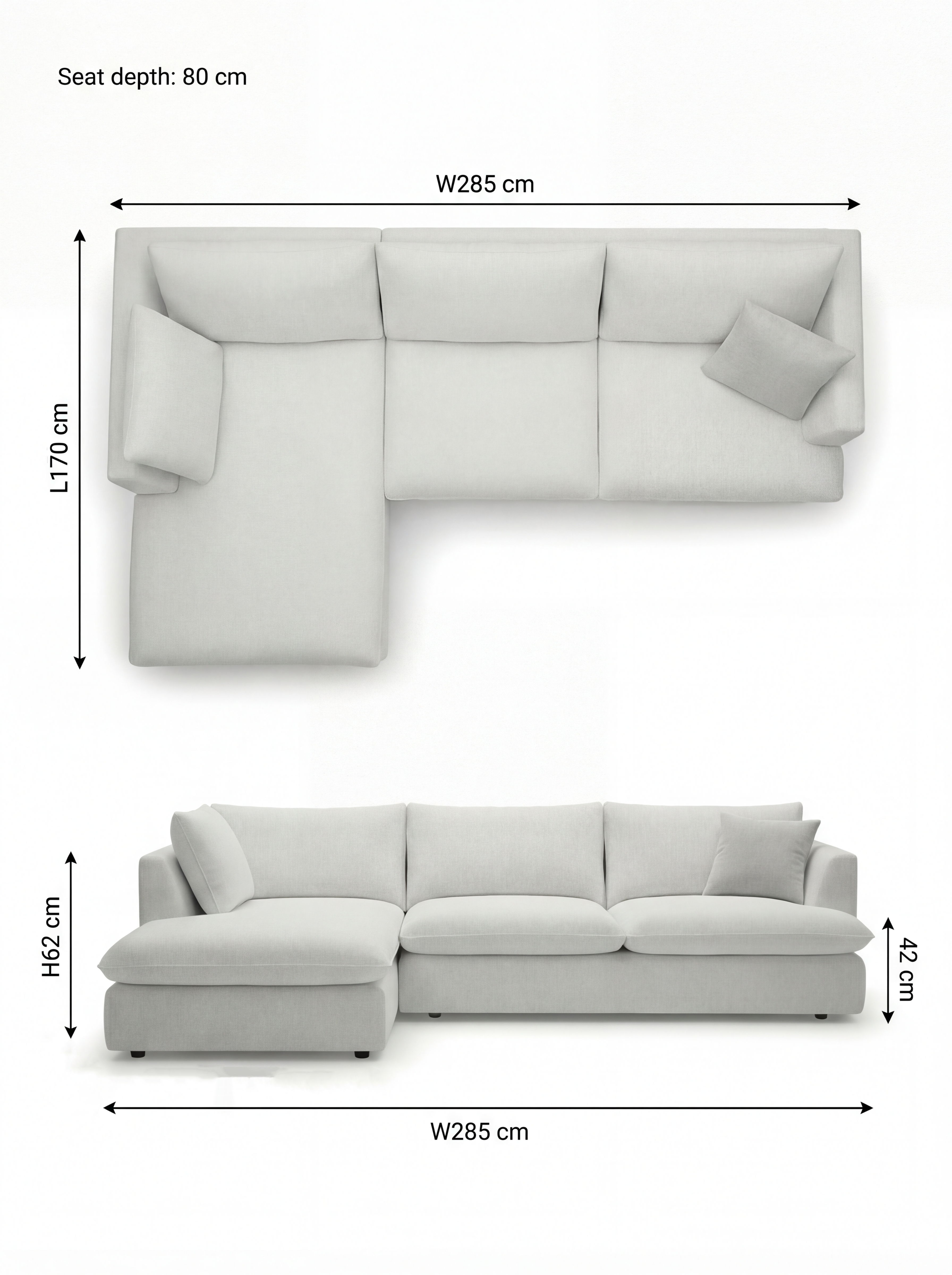 Apollo Anthracite (Textured Weave) / W 285 × D 170 × H 62 cm · Seat H 42 cm corner left