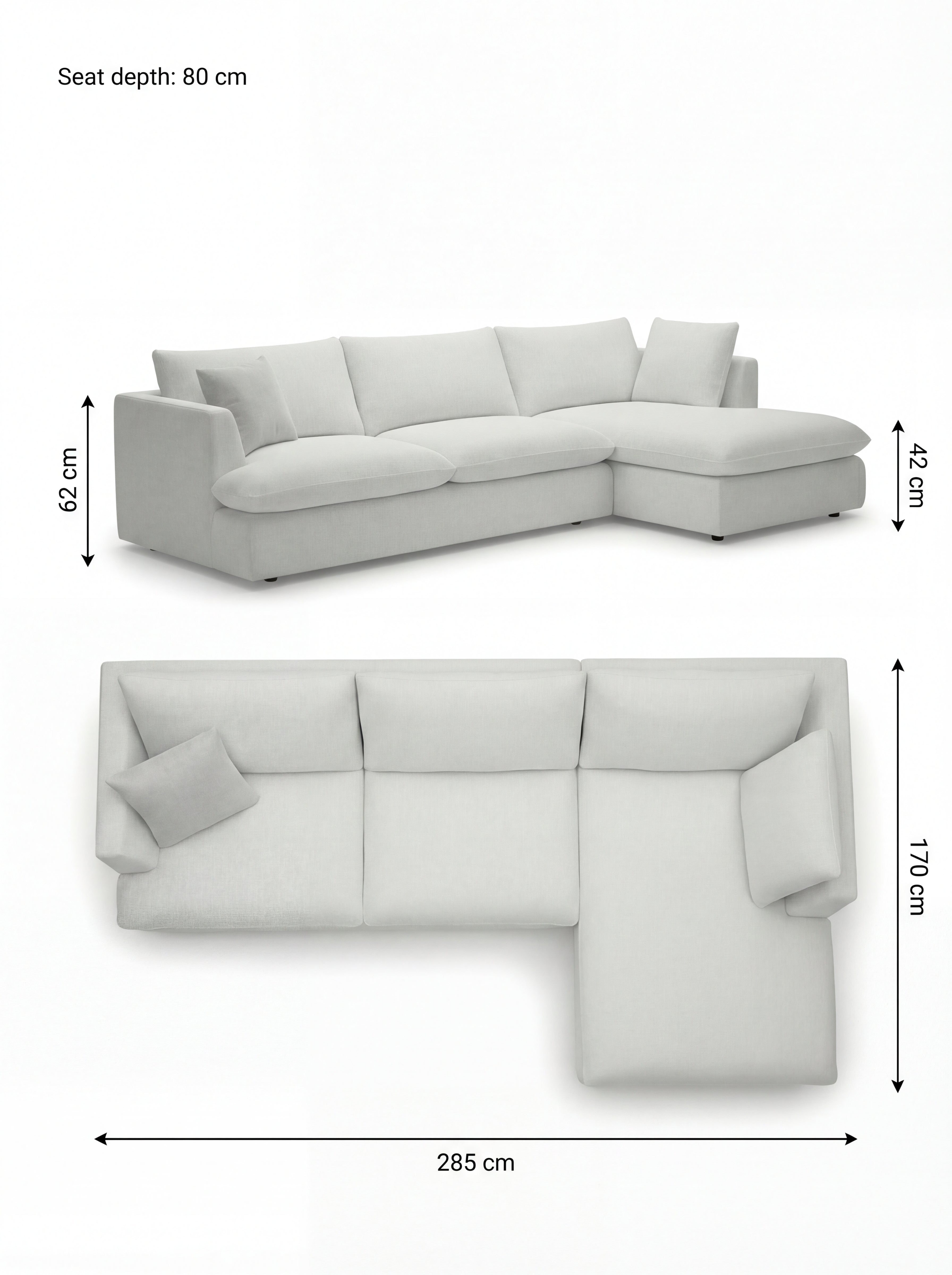 Apollo Anthracite (Textured Weave) / W 285 × D 170 × H 62 cm · Seat H 42 cm corner right