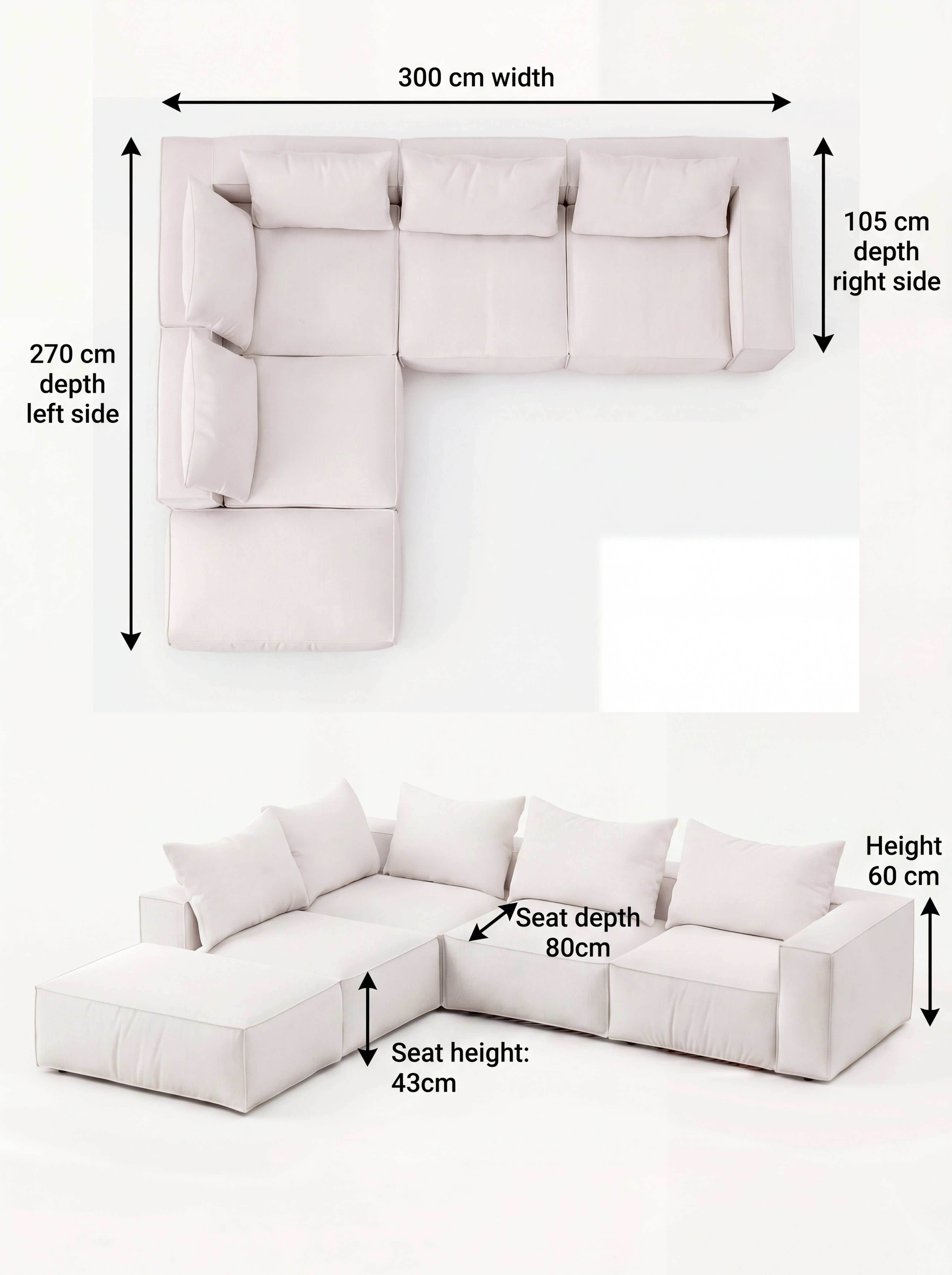 Apollo Anthracite (Textured Weave) / W 300 × D 270 × H 60 cm · Seat H 42 cm corner left