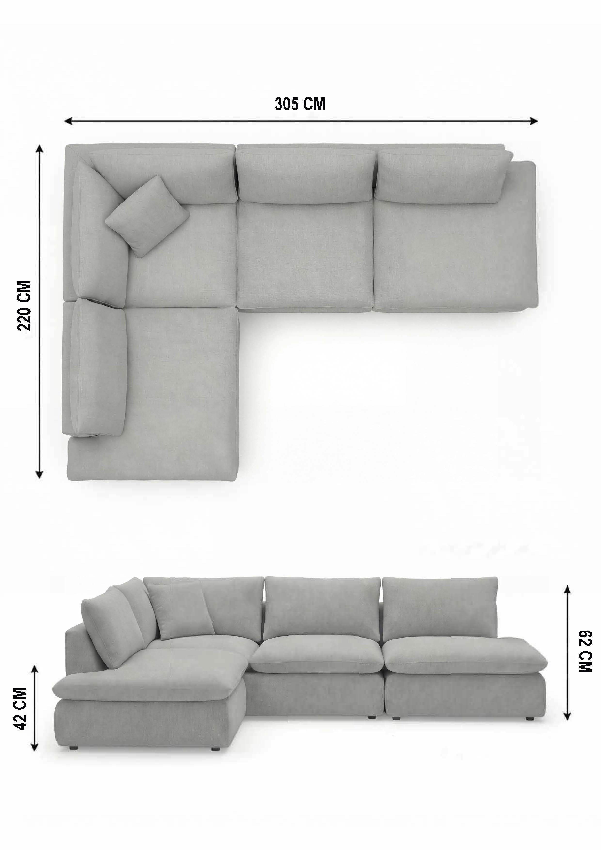 Apollo Anthracite (Textured Weave) / W 305 × D 220 × H 62 cm · Seat H 42 cm corner left