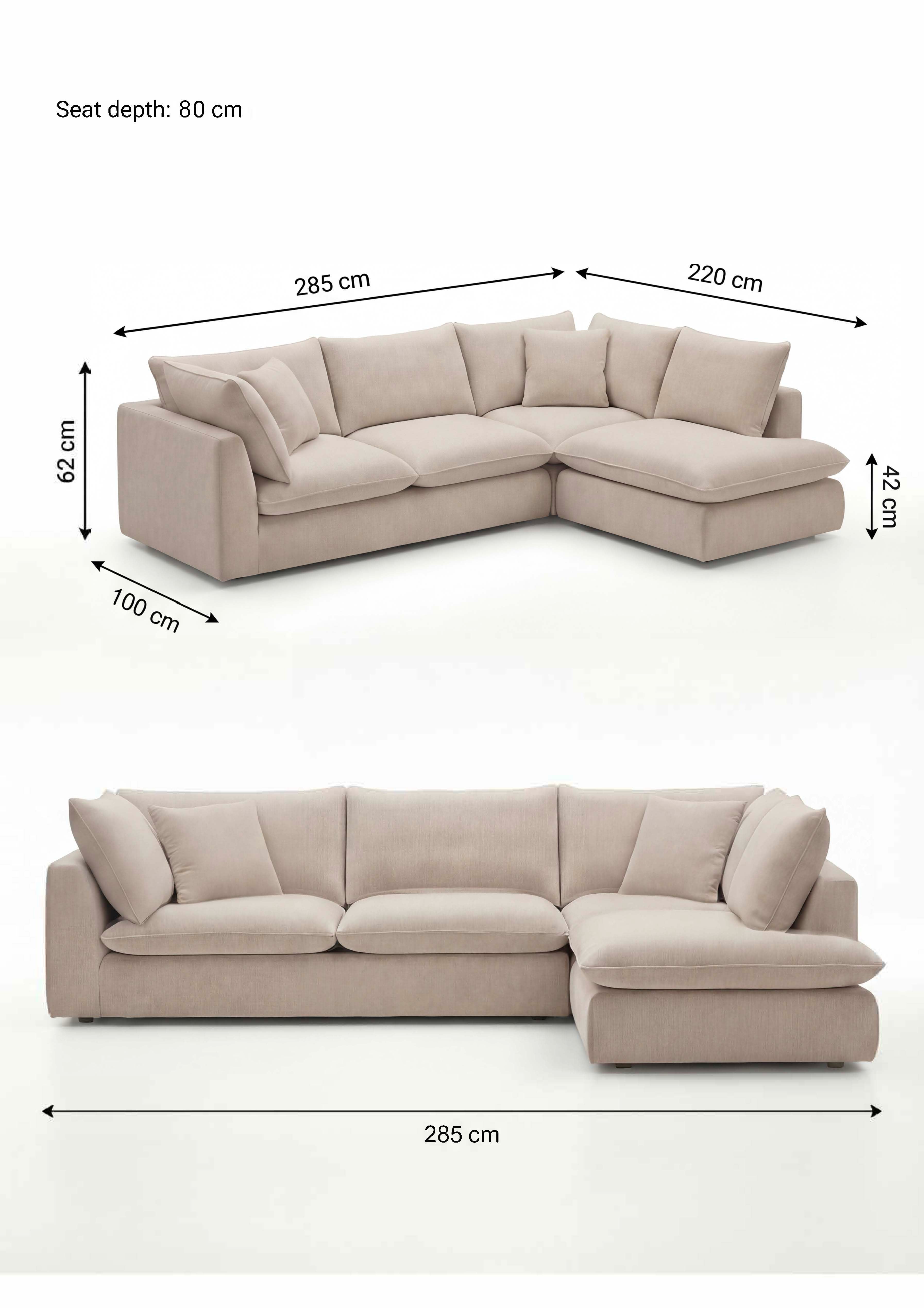 Apollo Anthracite (Textured Weave) / W 285 × D 220 × H 62 cm · Seat H 42 cm corner right