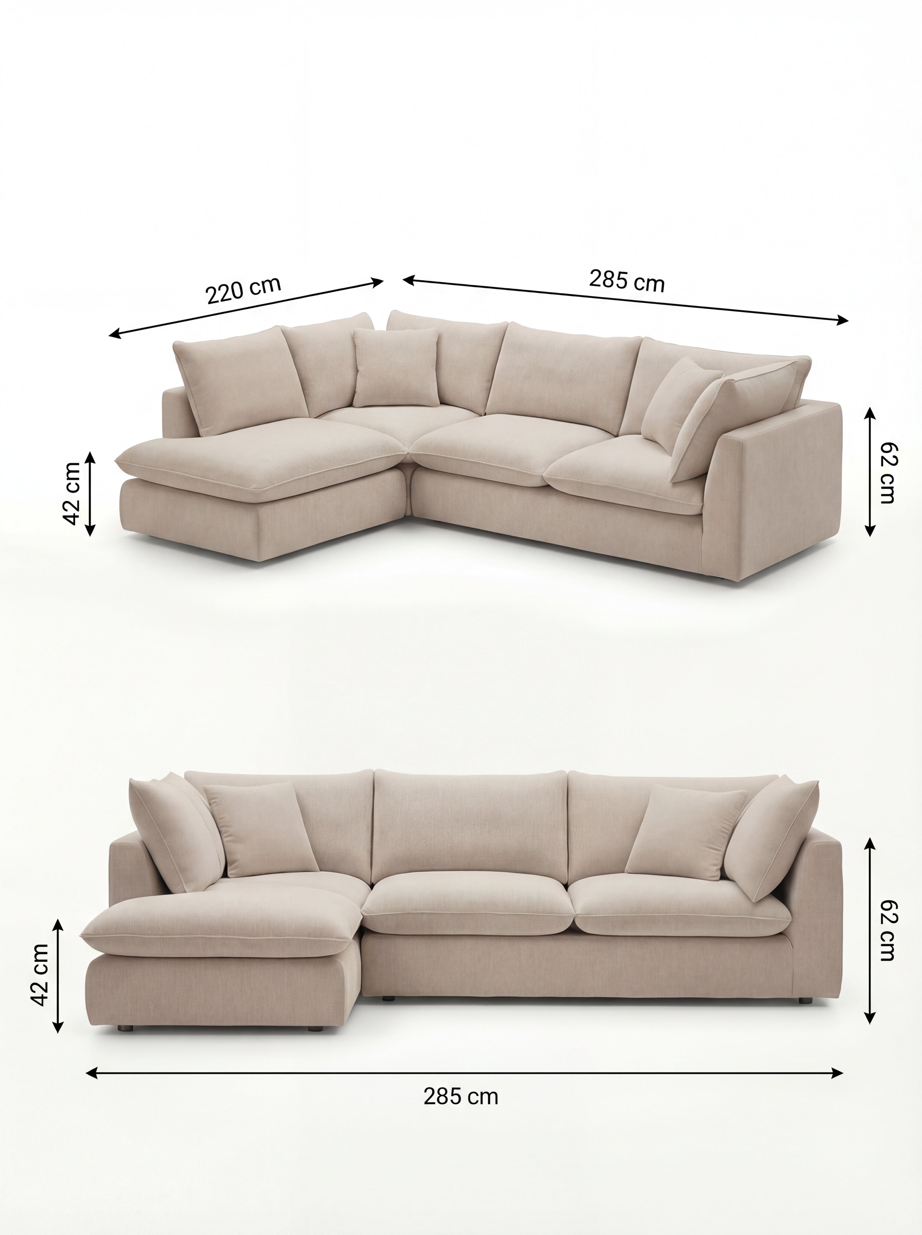Apollo Anthracite (Textured Weave) / W 285 × D 220 × H 62 cm · Seat H 42 cm corner left