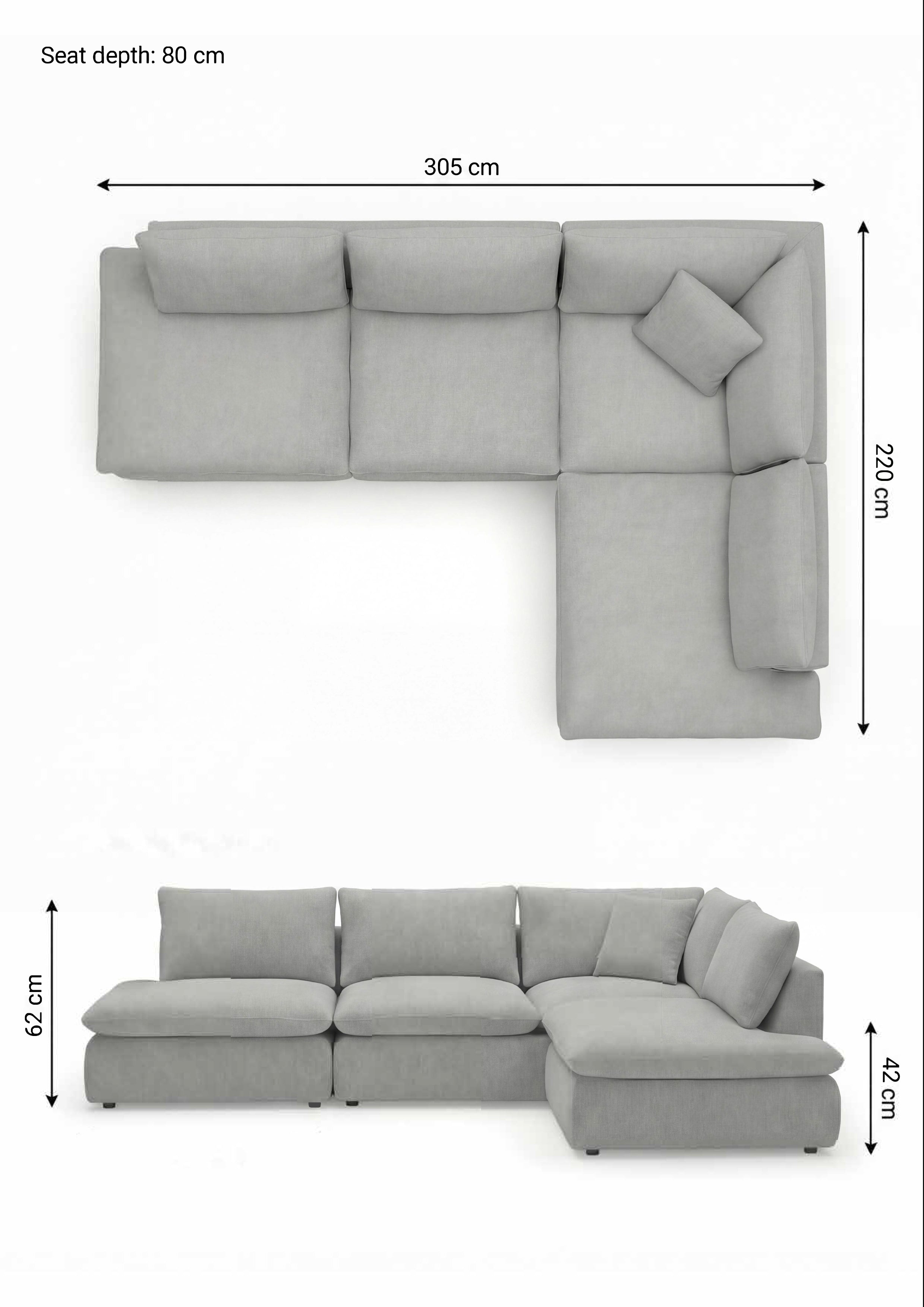 Apollo Anthracite (Textured Weave) / W 305 × D 220 × H 62 cm · Seat H 42 cm corner right